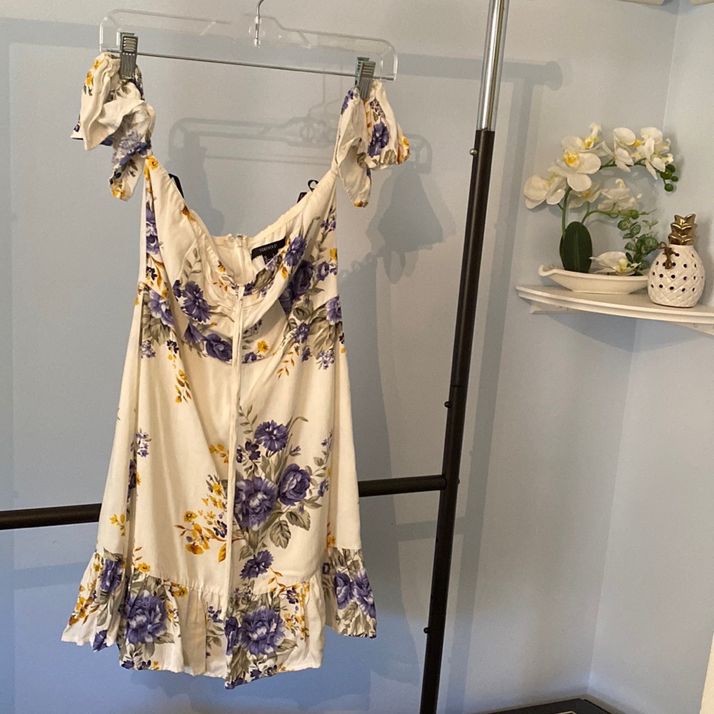 Tie front off shoulder floral mini dress with flounce bottom